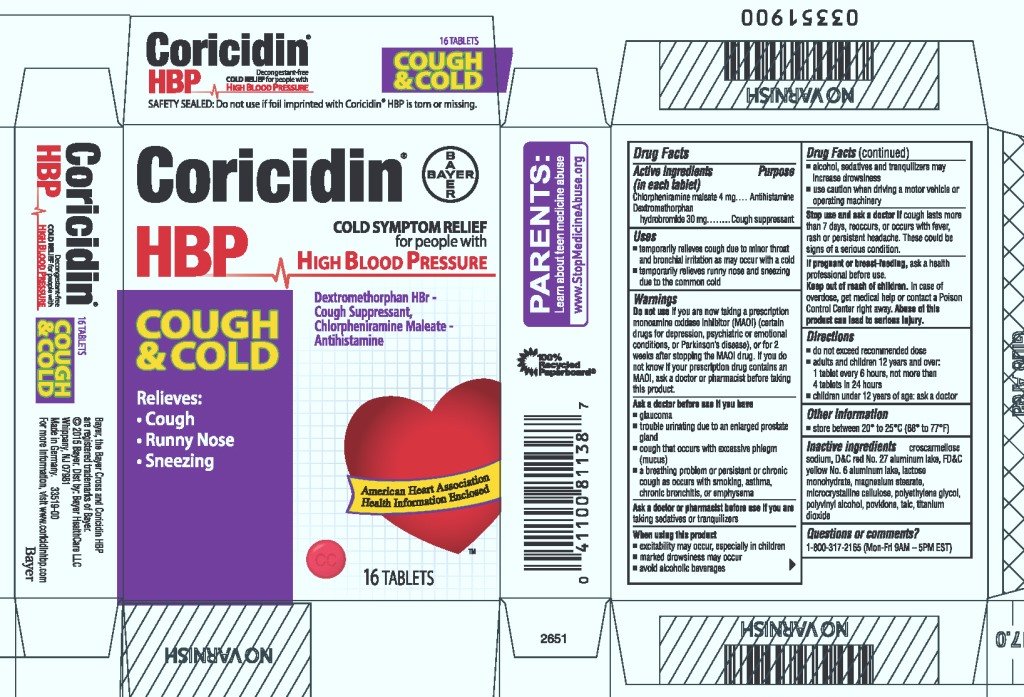 Coricidin Hbp Cough And Cold Cough Suppressant Antihistamine Tablet Film Coated Bayer 4631